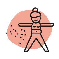 Ein stilisiertes Icon zeigt eine Frau in sportlicher Haltung mit ausgestreckten Armen, umgeben von einem rosa Hintergrund mit schwarzen Punkten.